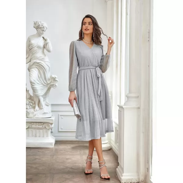 GRACE KARIN Womens 2023 Flowy Wrap V Neck Long Sleeve Midi Dress Glitter Chiffon Wedding Guest Dress with BeltSilver White