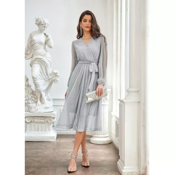GRACE KARIN Womens 2023 Flowy Wrap V Neck Long Sleeve Midi Dress Glitter Chiffon Wedding Guest Dress with BeltSilver White
