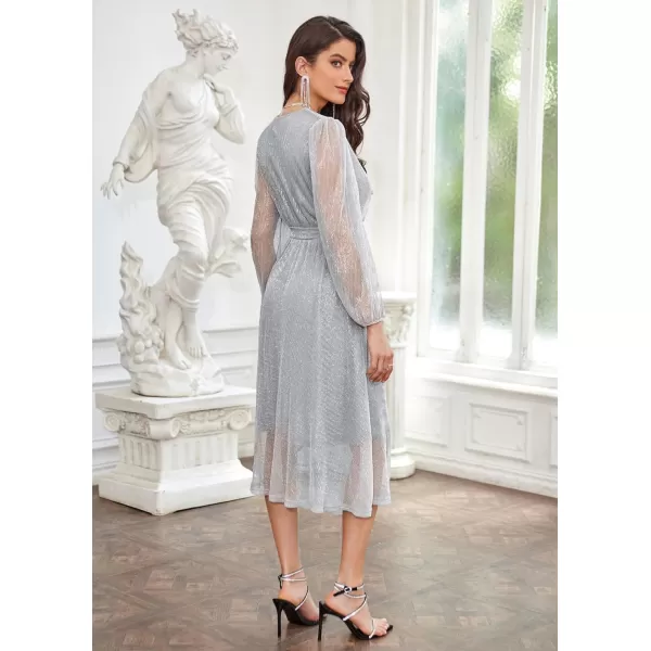 GRACE KARIN Womens 2023 Flowy Wrap V Neck Long Sleeve Midi Dress Glitter Chiffon Wedding Guest Dress with BeltSilver White