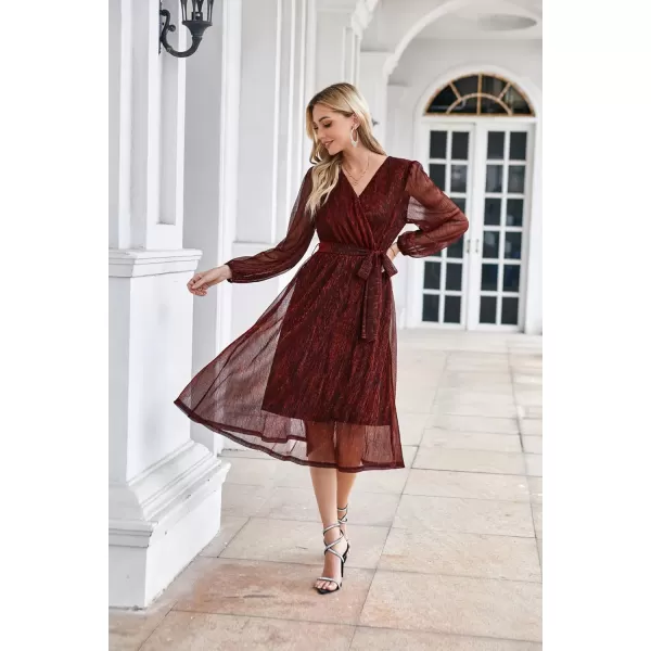 GRACE KARIN Womens 2023 Flowy Wrap V Neck Long Sleeve Midi Dress Glitter Chiffon Wedding Guest Dress with BeltWine Red