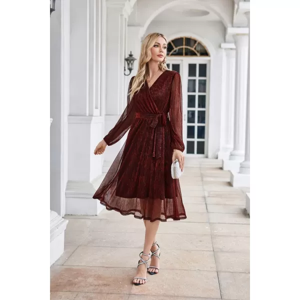 GRACE KARIN Womens 2023 Flowy Wrap V Neck Long Sleeve Midi Dress Glitter Chiffon Wedding Guest Dress with BeltWine Red