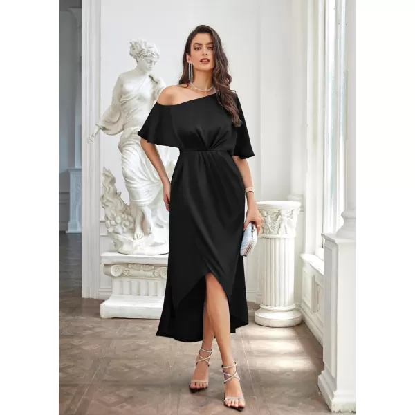 GRACE KARIN Womens 2023 Off One Shoulder Satin Ruched Dresses A Line High Low Formal Wedding Guest Evening Cocktail DressesBlacksatin