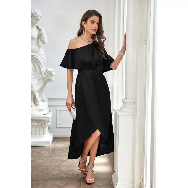 GRACE KARIN Womens 2023 Off One Shoulder Satin Ruched Dresses A Line High Low Formal Wedding Guest Evening Cocktail DressesBlacksatin