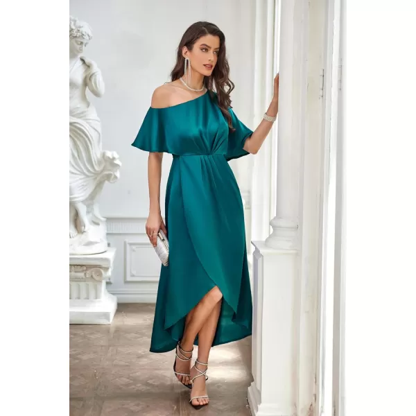 GRACE KARIN Womens 2023 Off One Shoulder Satin Ruched Dresses A Line High Low Formal Wedding Guest Evening Cocktail DressesBlue Greensatin