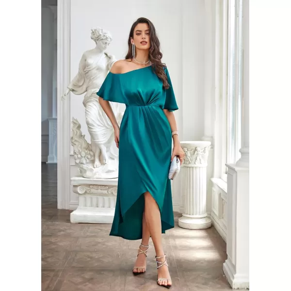 GRACE KARIN Womens 2023 Off One Shoulder Satin Ruched Dresses A Line High Low Formal Wedding Guest Evening Cocktail DressesBlue Greensatin