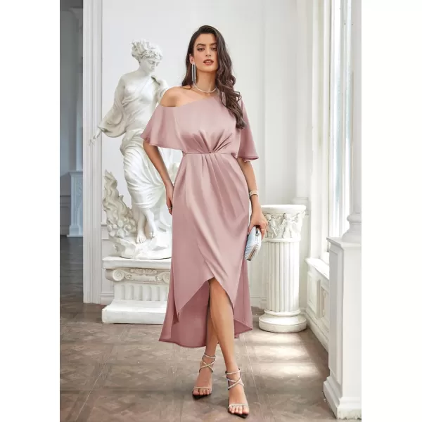 GRACE KARIN Womens 2023 Off One Shoulder Satin Ruched Dresses A Line High Low Formal Wedding Guest Evening Cocktail DressesPinksatin