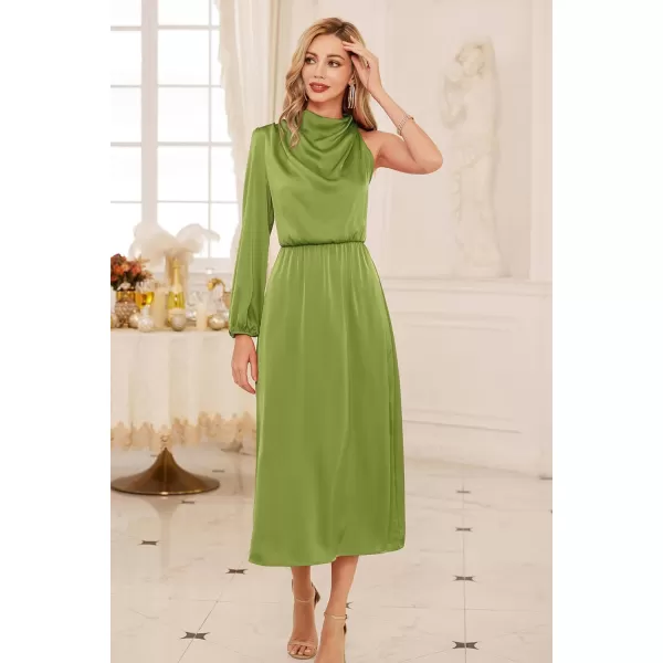 GRACE KARIN Womens 2023 One Shoulder Satin Dress Formal Mock Neck Cocktail Party Maxi Dresses Elegant Ruched Long DressArmy Green