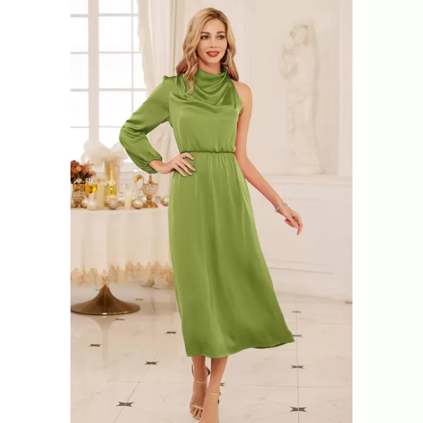 GRACE KARIN Womens 2023 One Shoulder Satin Dress Formal Mock Neck Cocktail Party Maxi Dresses Elegant Ruched Long DressArmy Green