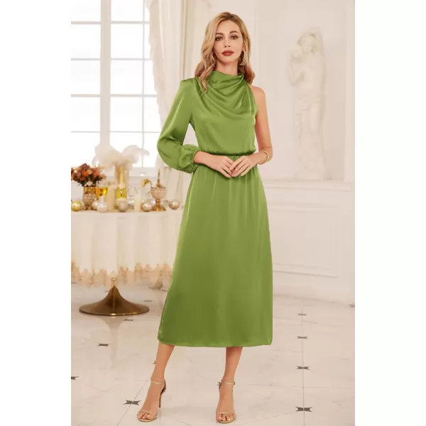 GRACE KARIN Womens 2023 One Shoulder Satin Dress Formal Mock Neck Cocktail Party Maxi Dresses Elegant Ruched Long DressArmy Green