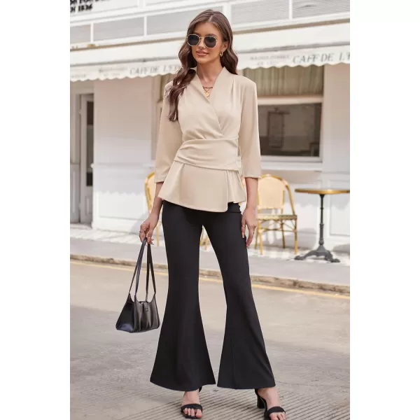 GRACE KARIN Womens 2023 Peplum Tops Wrap V Neck 34 Sleeve Work Business Blouse Solid Tie Waist Dressy Casual ShirtsApricot