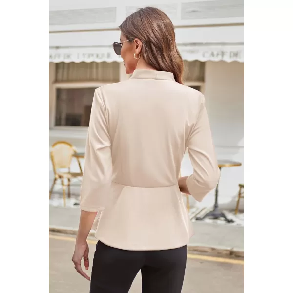 GRACE KARIN Womens 2023 Peplum Tops Wrap V Neck 34 Sleeve Work Business Blouse Solid Tie Waist Dressy Casual ShirtsApricot