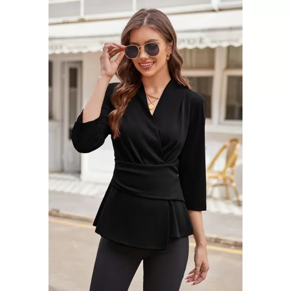 GRACE KARIN Womens 2023 Peplum Tops Wrap V Neck 34 Sleeve Work Business Blouse Solid Tie Waist Dressy Casual ShirtsBlack