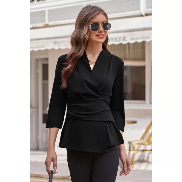 GRACE KARIN Womens 2023 Peplum Tops Wrap V Neck 34 Sleeve Work Business Blouse Solid Tie Waist Dressy Casual ShirtsBlack