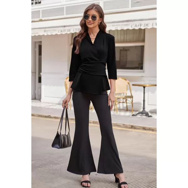 GRACE KARIN Womens 2023 Peplum Tops Wrap V Neck 34 Sleeve Work Business Blouse Solid Tie Waist Dressy Casual ShirtsBlack