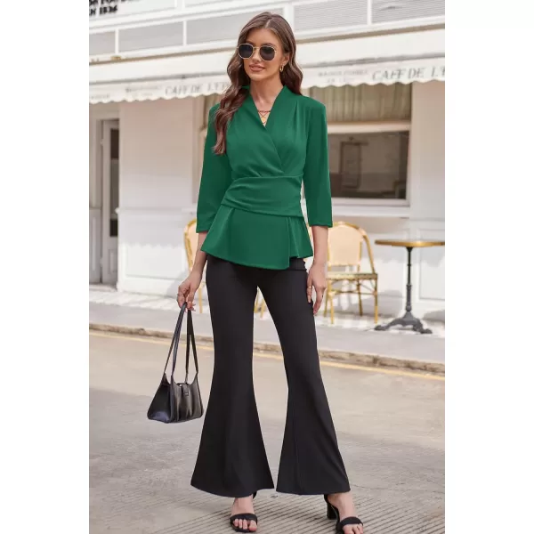 GRACE KARIN Womens 2023 Peplum Tops Wrap V Neck 34 Sleeve Work Business Blouse Solid Tie Waist Dressy Casual ShirtsDark Green