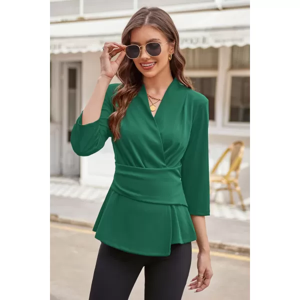 GRACE KARIN Womens 2023 Peplum Tops Wrap V Neck 34 Sleeve Work Business Blouse Solid Tie Waist Dressy Casual ShirtsDark Green