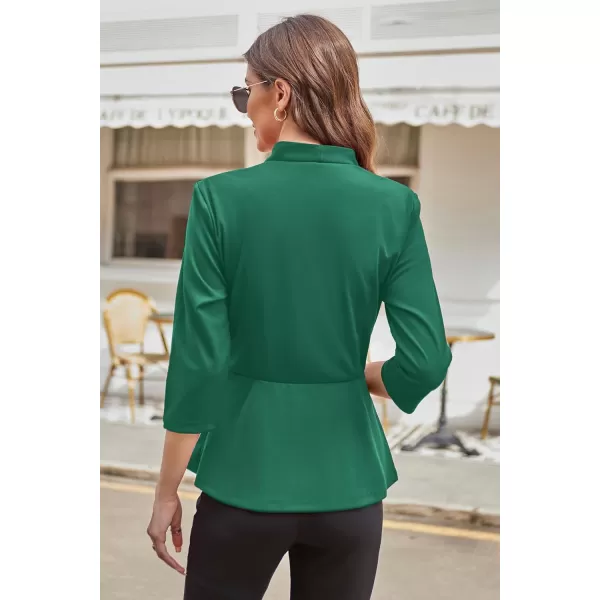 GRACE KARIN Womens 2023 Peplum Tops Wrap V Neck 34 Sleeve Work Business Blouse Solid Tie Waist Dressy Casual ShirtsDark Green