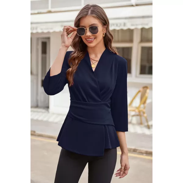 GRACE KARIN Womens 2023 Peplum Tops Wrap V Neck 34 Sleeve Work Business Blouse Solid Tie Waist Dressy Casual ShirtsNavy Blue