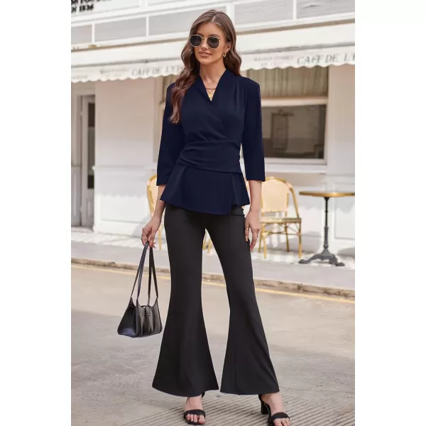 GRACE KARIN Womens 2023 Peplum Tops Wrap V Neck 34 Sleeve Work Business Blouse Solid Tie Waist Dressy Casual ShirtsNavy Blue