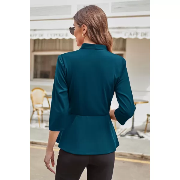 GRACE KARIN Womens 2023 Peplum Tops Wrap V Neck 34 Sleeve Work Business Blouse Solid Tie Waist Dressy Casual ShirtsPeacock Blue