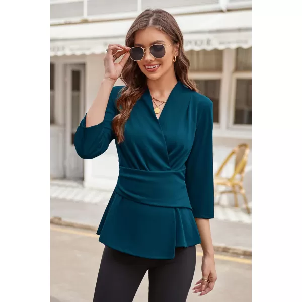 GRACE KARIN Womens 2023 Peplum Tops Wrap V Neck 34 Sleeve Work Business Blouse Solid Tie Waist Dressy Casual ShirtsPeacock Blue