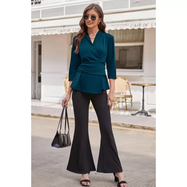 GRACE KARIN Womens 2023 Peplum Tops Wrap V Neck 34 Sleeve Work Business Blouse Solid Tie Waist Dressy Casual ShirtsPeacock Blue