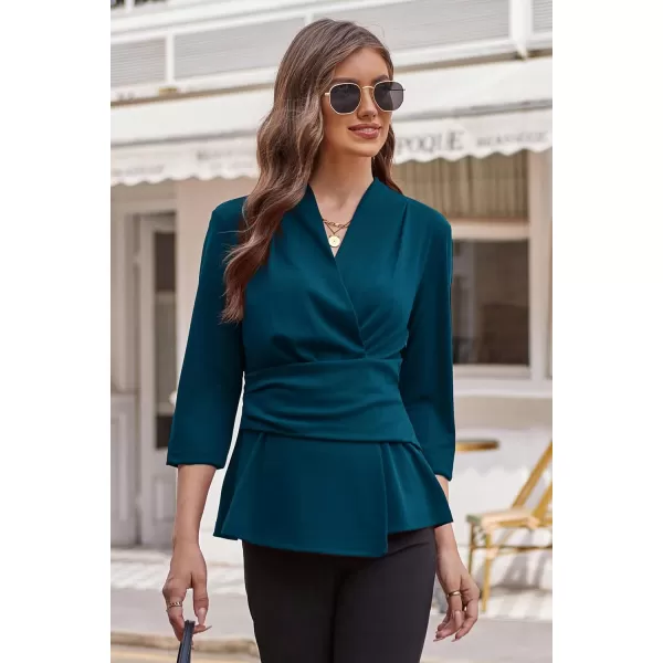 GRACE KARIN Womens 2023 Peplum Tops Wrap V Neck 34 Sleeve Work Business Blouse Solid Tie Waist Dressy Casual ShirtsPeacock Blue