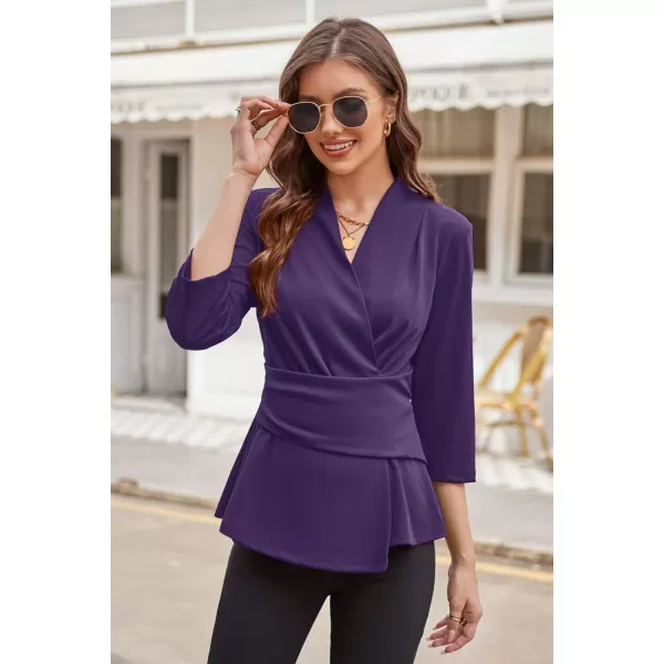 GRACE KARIN Womens 2023 Peplum Tops Wrap V Neck 34 Sleeve Work Business Blouse Solid Tie Waist Dressy Casual ShirtsPurple