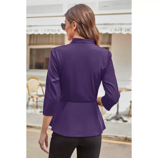 GRACE KARIN Womens 2023 Peplum Tops Wrap V Neck 34 Sleeve Work Business Blouse Solid Tie Waist Dressy Casual ShirtsPurple