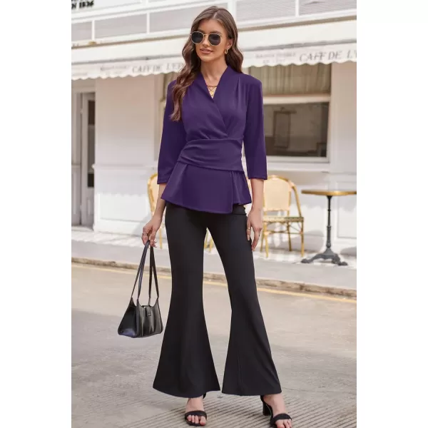 GRACE KARIN Womens 2023 Peplum Tops Wrap V Neck 34 Sleeve Work Business Blouse Solid Tie Waist Dressy Casual ShirtsPurple