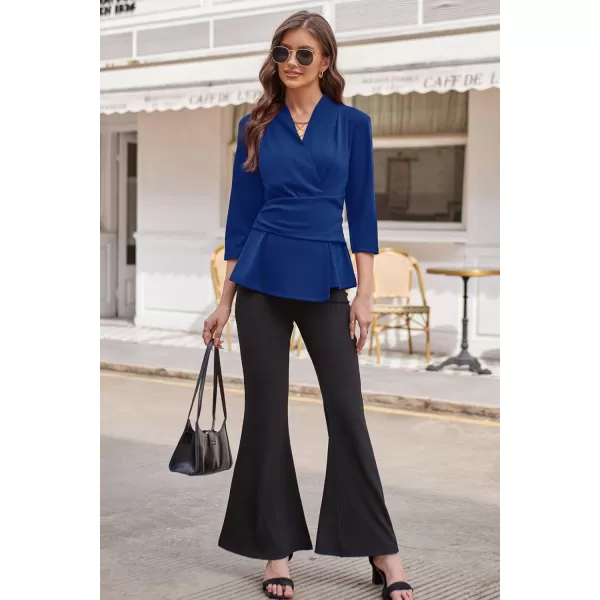 GRACE KARIN Womens 2023 Peplum Tops Wrap V Neck 34 Sleeve Work Business Blouse Solid Tie Waist Dressy Casual ShirtsRoyal Blue