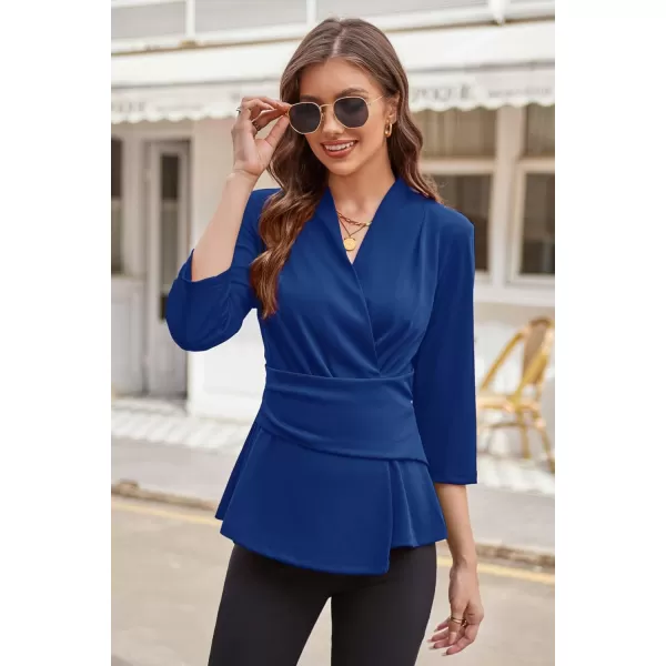 GRACE KARIN Womens 2023 Peplum Tops Wrap V Neck 34 Sleeve Work Business Blouse Solid Tie Waist Dressy Casual ShirtsRoyal Blue