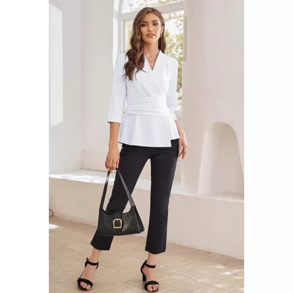 GRACE KARIN Womens 2023 Peplum Tops Wrap V Neck 34 Sleeve Work Business Blouse Solid Tie Waist Dressy Casual ShirtsWhite
