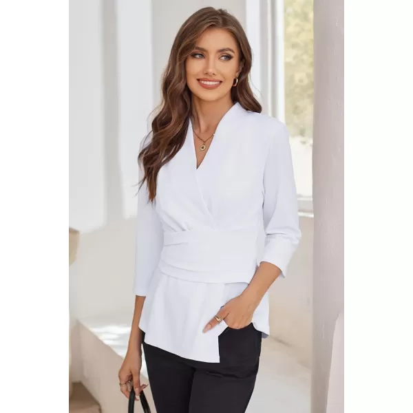 GRACE KARIN Womens 2023 Peplum Tops Wrap V Neck 34 Sleeve Work Business Blouse Solid Tie Waist Dressy Casual ShirtsWhite