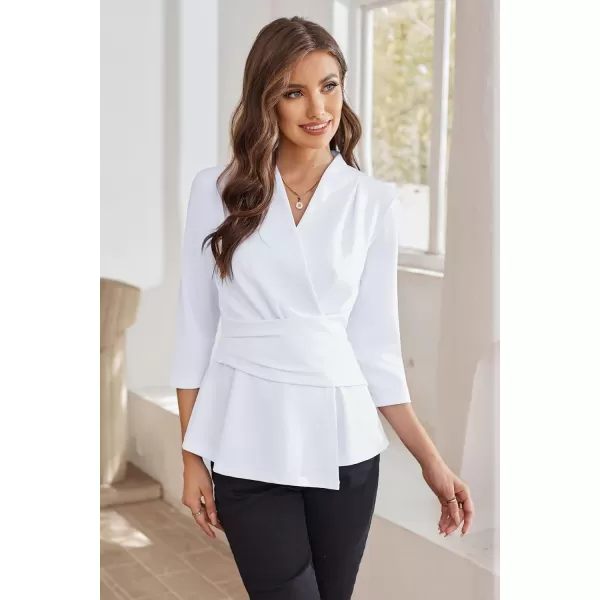 GRACE KARIN Womens 2023 Peplum Tops Wrap V Neck 34 Sleeve Work Business Blouse Solid Tie Waist Dressy Casual ShirtsWhite