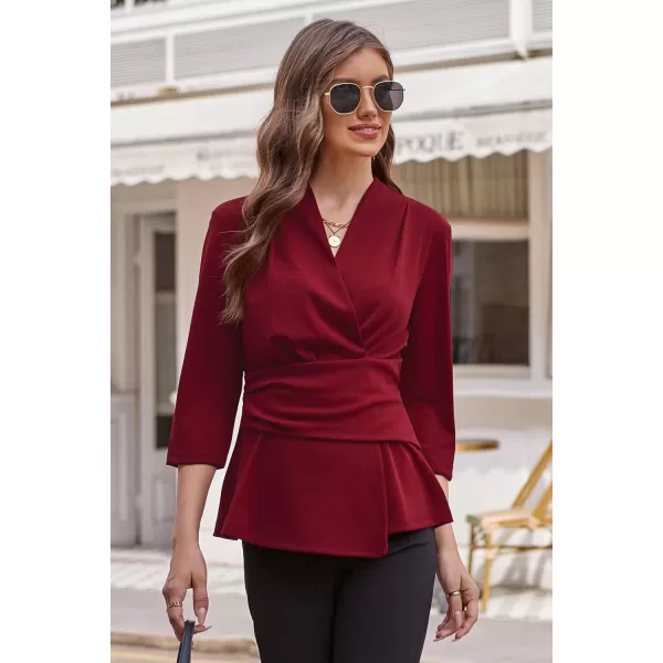 GRACE KARIN Womens 2023 Peplum Tops Wrap V Neck 34 Sleeve Work Business Blouse Solid Tie Waist Dressy Casual ShirtsWine Red