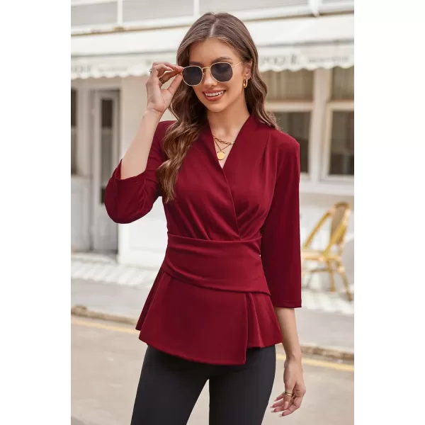 GRACE KARIN Womens 2023 Peplum Tops Wrap V Neck 34 Sleeve Work Business Blouse Solid Tie Waist Dressy Casual ShirtsWine Red