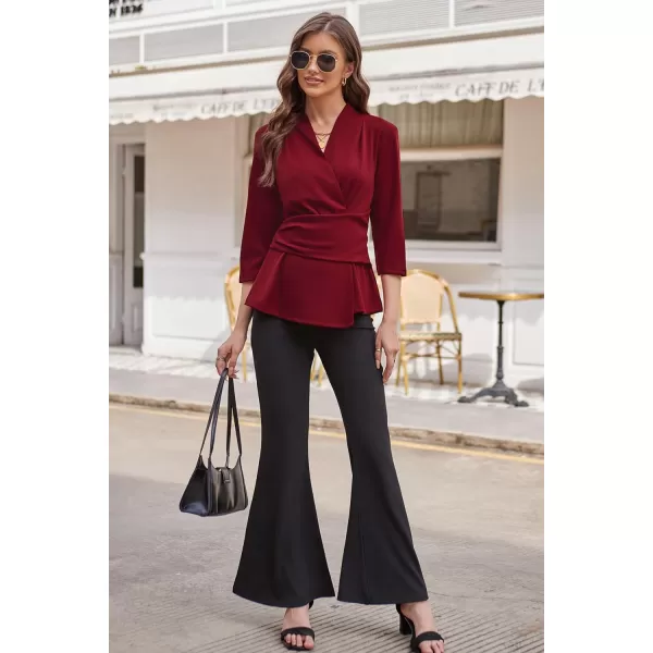 GRACE KARIN Womens 2023 Peplum Tops Wrap V Neck 34 Sleeve Work Business Blouse Solid Tie Waist Dressy Casual ShirtsWine Red
