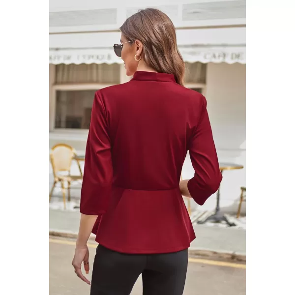 GRACE KARIN Womens 2023 Peplum Tops Wrap V Neck 34 Sleeve Work Business Blouse Solid Tie Waist Dressy Casual ShirtsWine Red