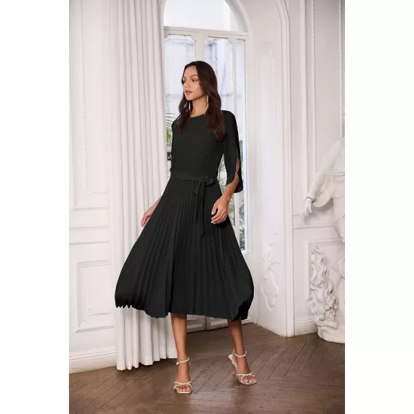 GRACE KARIN Womens 2023 Pleated Chiffon Flowy Dresses for Wedding Casual Midi Ruffle DressBlack