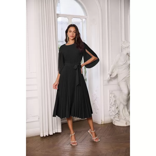 GRACE KARIN Womens 2023 Pleated Chiffon Flowy Dresses for Wedding Casual Midi Ruffle DressBlack