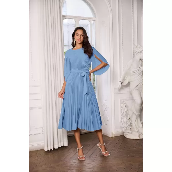 GRACE KARIN Womens 2023 Pleated Chiffon Flowy Dresses for Wedding Casual Midi Ruffle DressBlue Gray