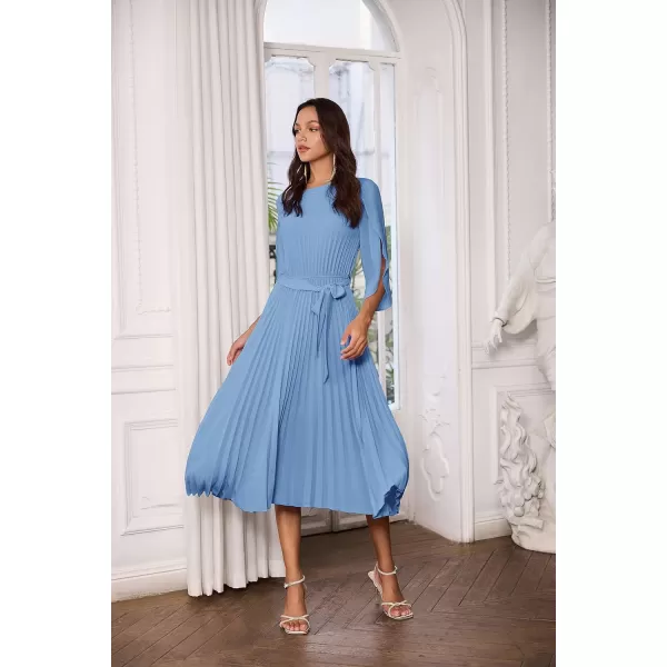 GRACE KARIN Womens 2023 Pleated Chiffon Flowy Dresses for Wedding Casual Midi Ruffle DressBlue Gray