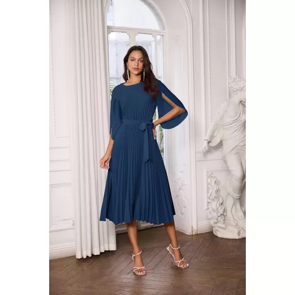 GRACE KARIN Womens 2023 Pleated Chiffon Flowy Dresses for Wedding Casual Midi Ruffle DressNavy