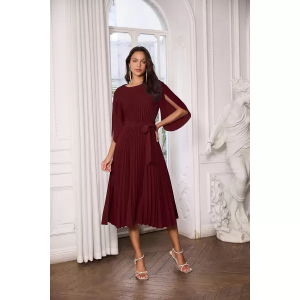 GRACE KARIN Womens 2023 Pleated Chiffon Flowy Dresses for Wedding Casual Midi Ruffle DressWine Red