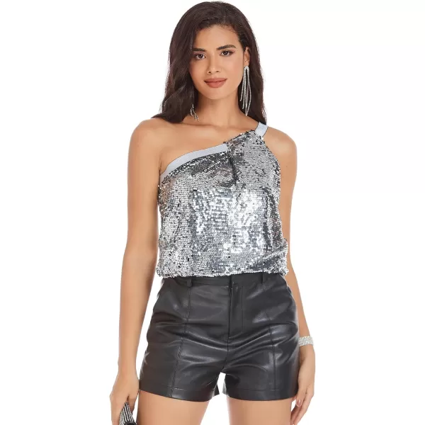 GRACE KARIN Womens 2023 Sequin One Shoulder Tank Tops Sleeveless Sparkly Glitter Camisole Vest Going Out Party CamisSilver