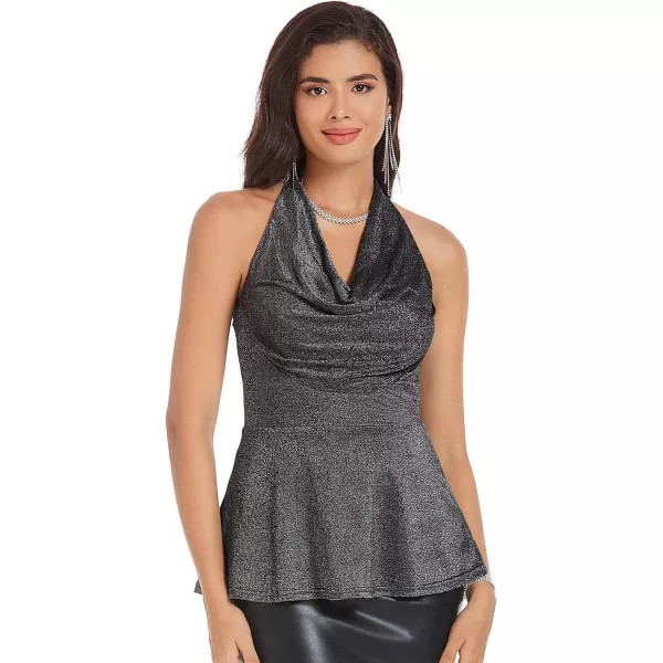 GRACE KARIN Womens 2023 Sleeveless Sequin Top Halter Cowl Neck Camisole Sparkle Glitter Backless Peplum Tank Vest PartyBlack