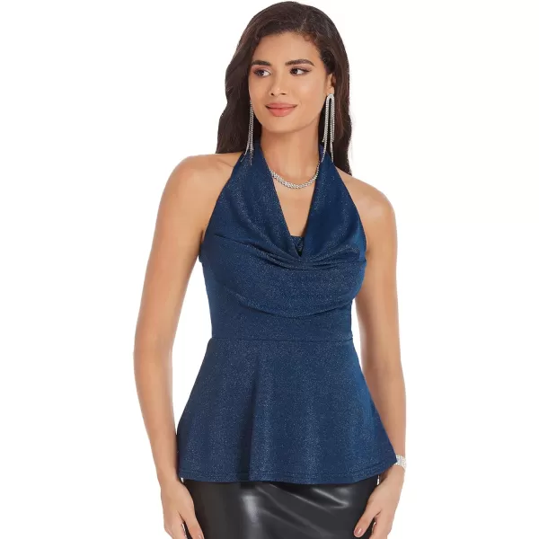 GRACE KARIN Womens 2023 Sleeveless Sequin Top Halter Cowl Neck Camisole Sparkle Glitter Backless Peplum Tank Vest PartyNavy Blue