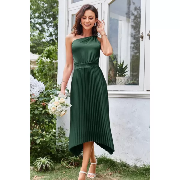 GRACE KARIN Womens 2023 Summer One Shoulder Satin Dress Sleeveless Twist Pleated Midi Dress Sexy Cocktail Party DressDark Green