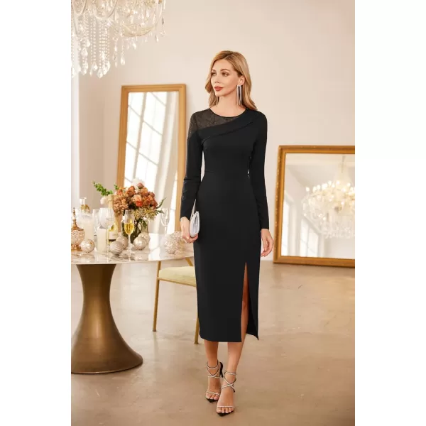 GRACE KARIN Womens 2023 Wedding Guest Cocktail Dress Fall Long Sleeve Elegant Formal Bodycon Patchwork Midi DressBlack